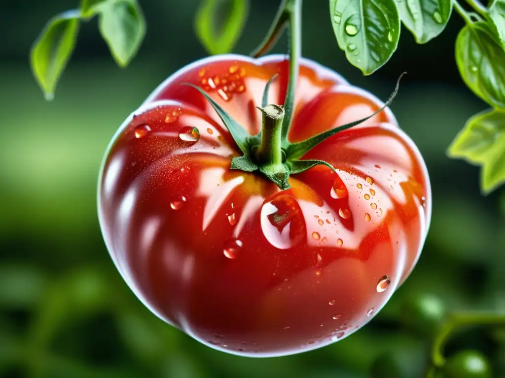 Tomate orgánico recién cosechado con gotas de agua, vibrante y fresco, representando la belleza de los alimentos orgánicos