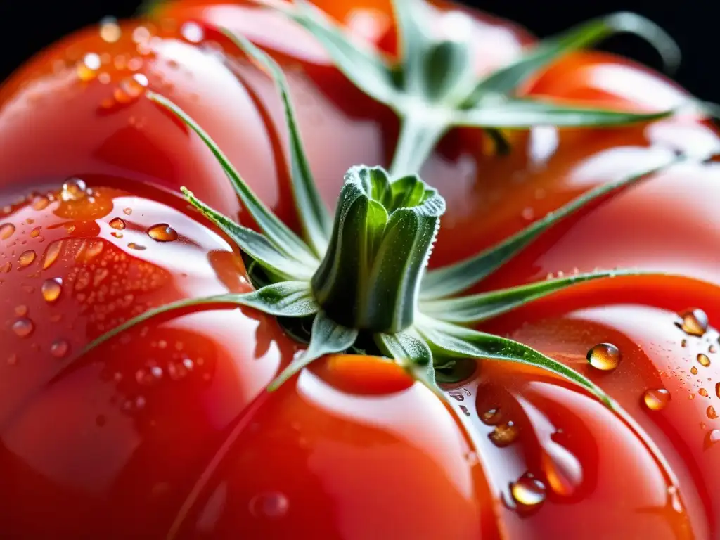 Tomate orgánico recién cosechado con gotas de agua