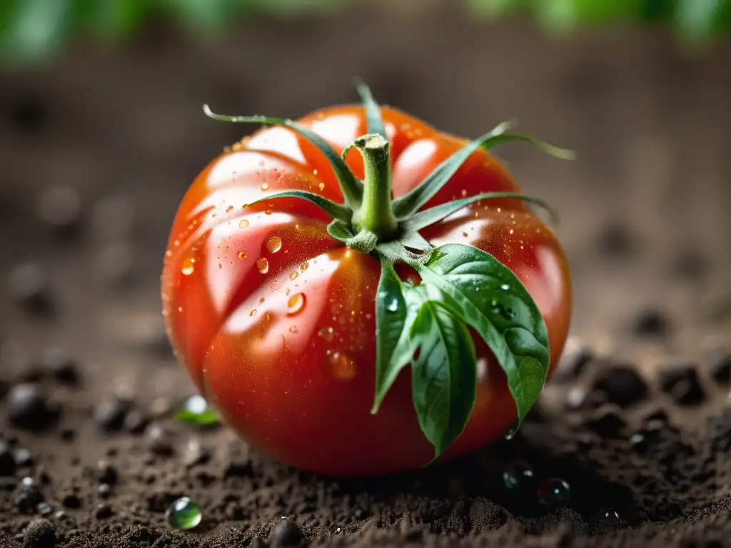 Tomate orgánico recién cosechado, con gotas de rocío, rodeado de tierra fértil