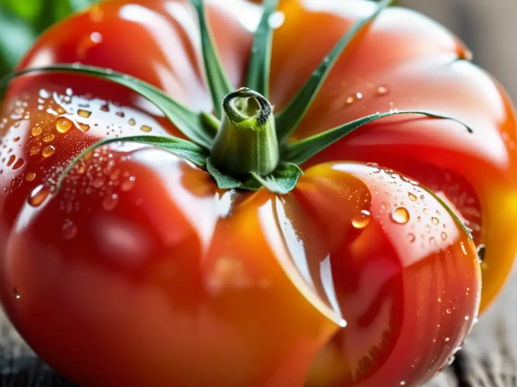 Tomate orgánico recién cosechado con gotas de agua, color rojo intenso y brillo natural