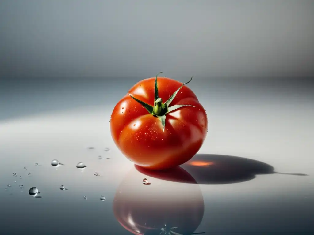 Tomate orgánico recién cosechado con gotas de agua, simetría y frescura