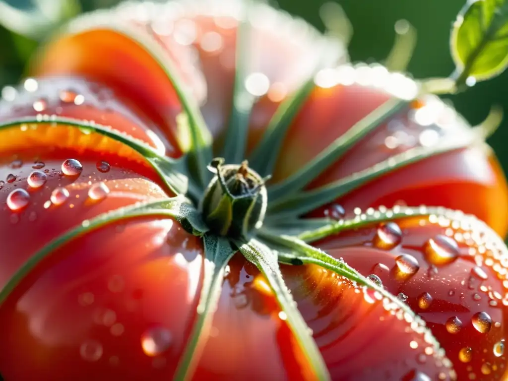 Tomate orgánico recién cosechado con gotas de rocío, reflejando frescura y naturalidad