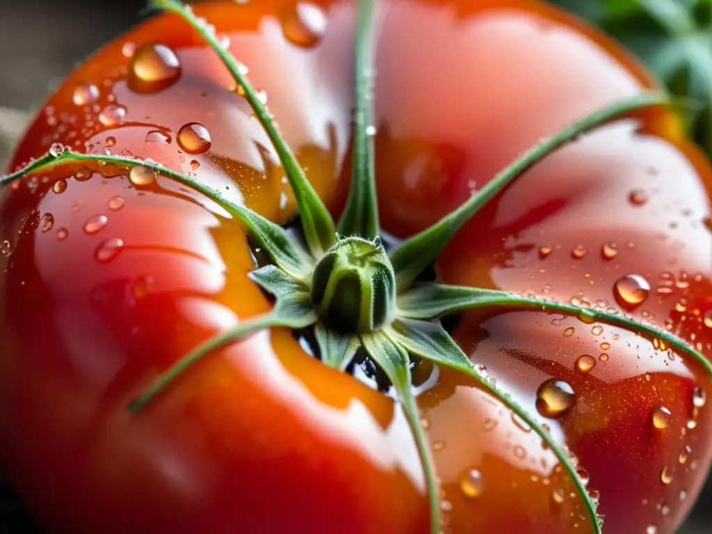 Tomate orgánico recién cosechado, con piel brillante salpicada de agua