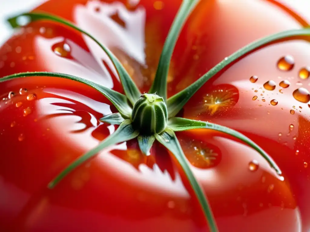 Tomate orgánico recién cosechado, con piel impecable y gotas de agua