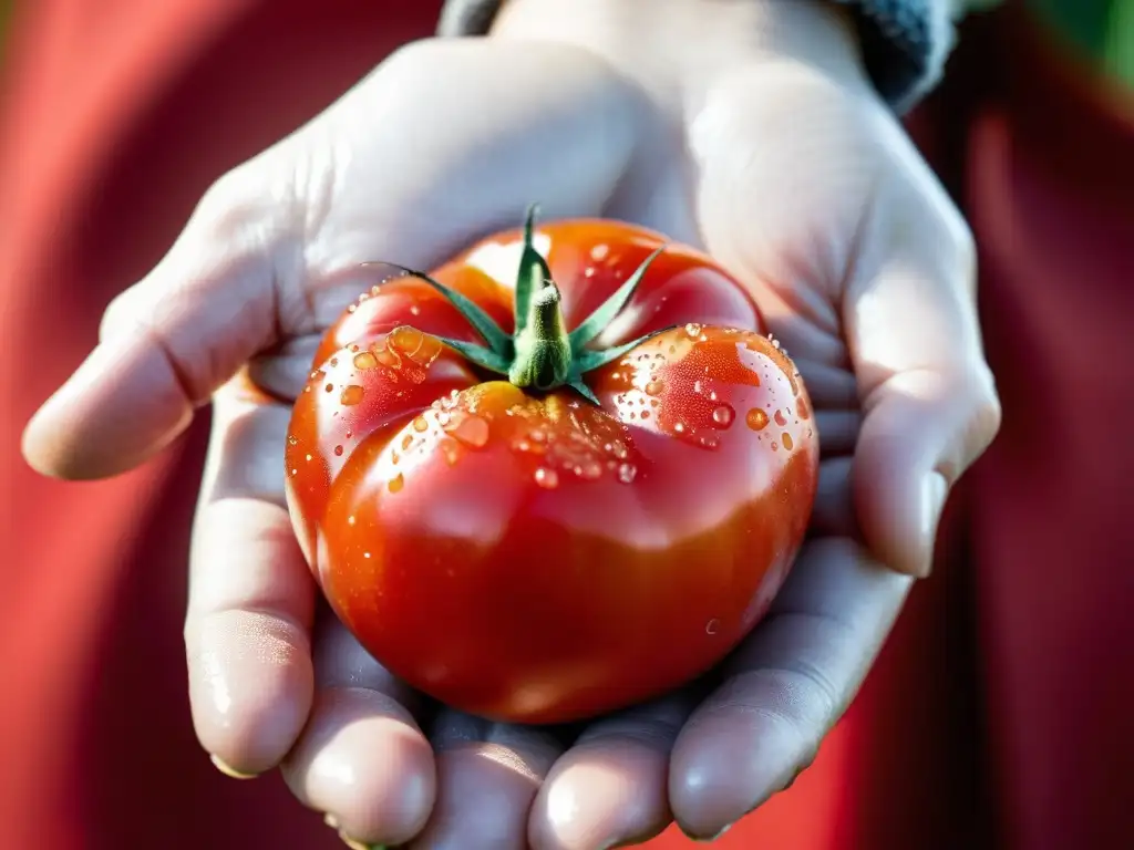 Un tomate orgánico recién cosechado sostenido por la mano del agricultor