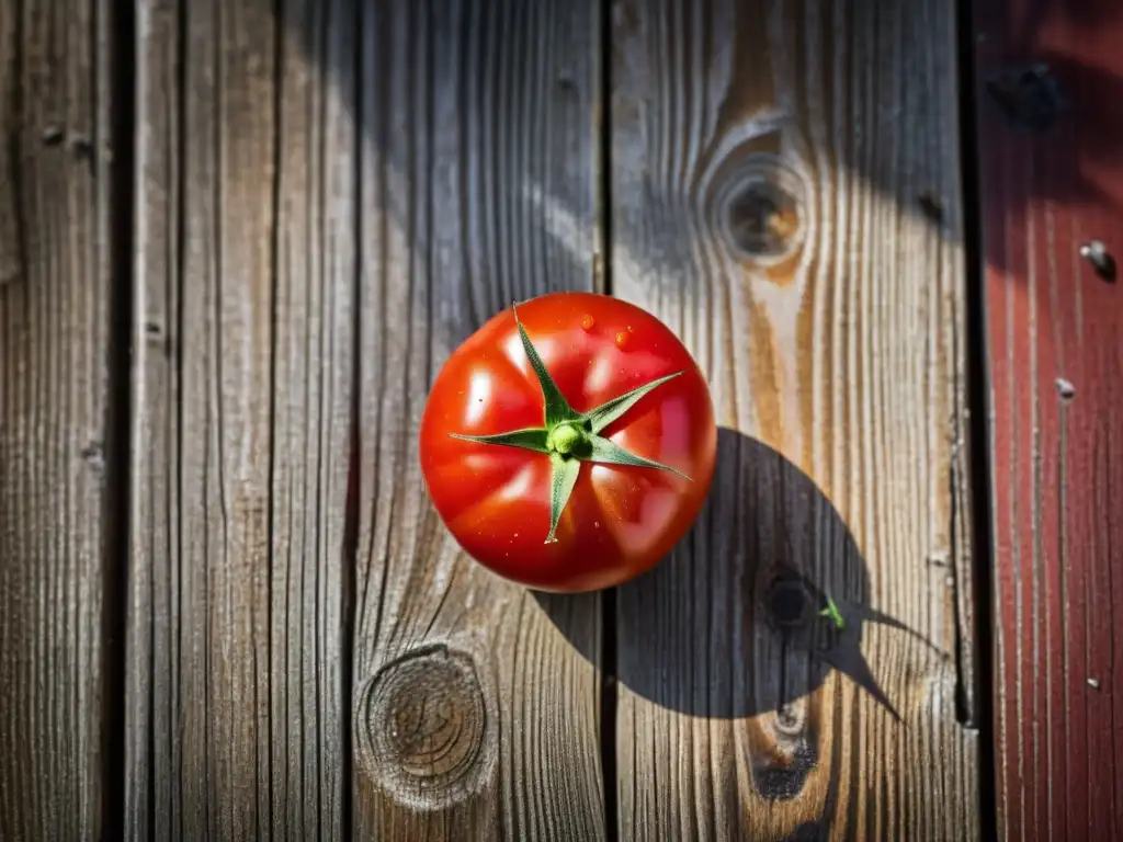 Un tomate orgánico recién cosechado descansa sobre una superficie de madera