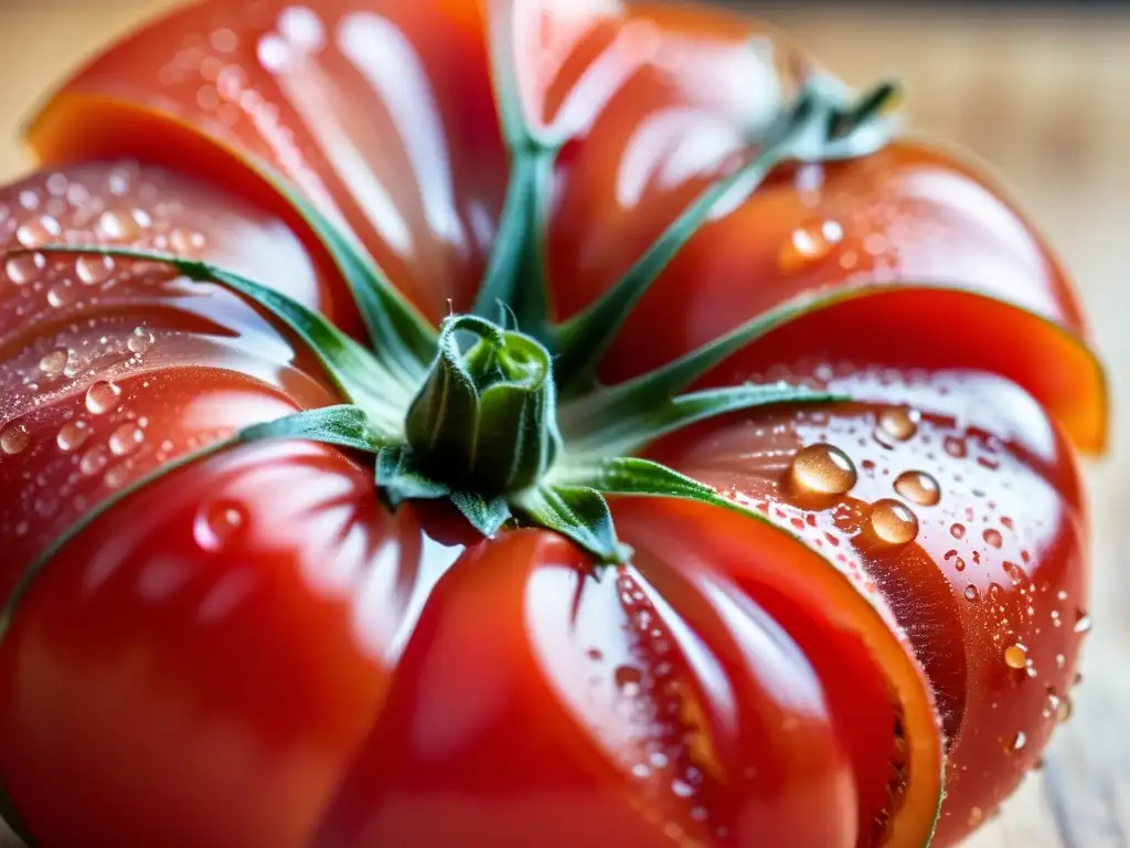 Un tomate orgánico recién cosechado descansa sobre una tabla de cortar de madera