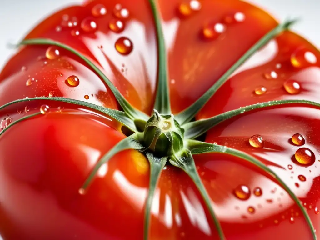 Una tomate orgánico recién cosechado, vibrante y detallado, con gotas de agua