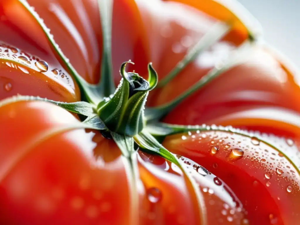 Tomate orgánico recién cosechado, vibrante y brillante con rocío, en un entorno natural