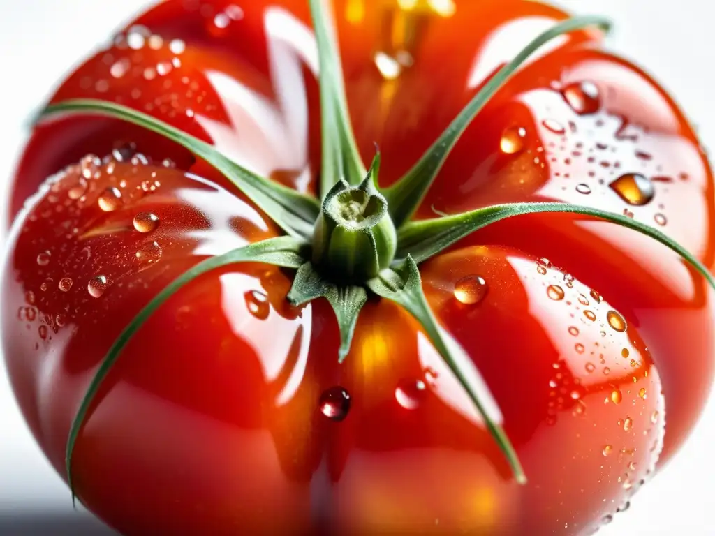 Tomate orgánico recién cosechado, brillante y vibrante, con gotas de agua bajo la cálida luz del sol