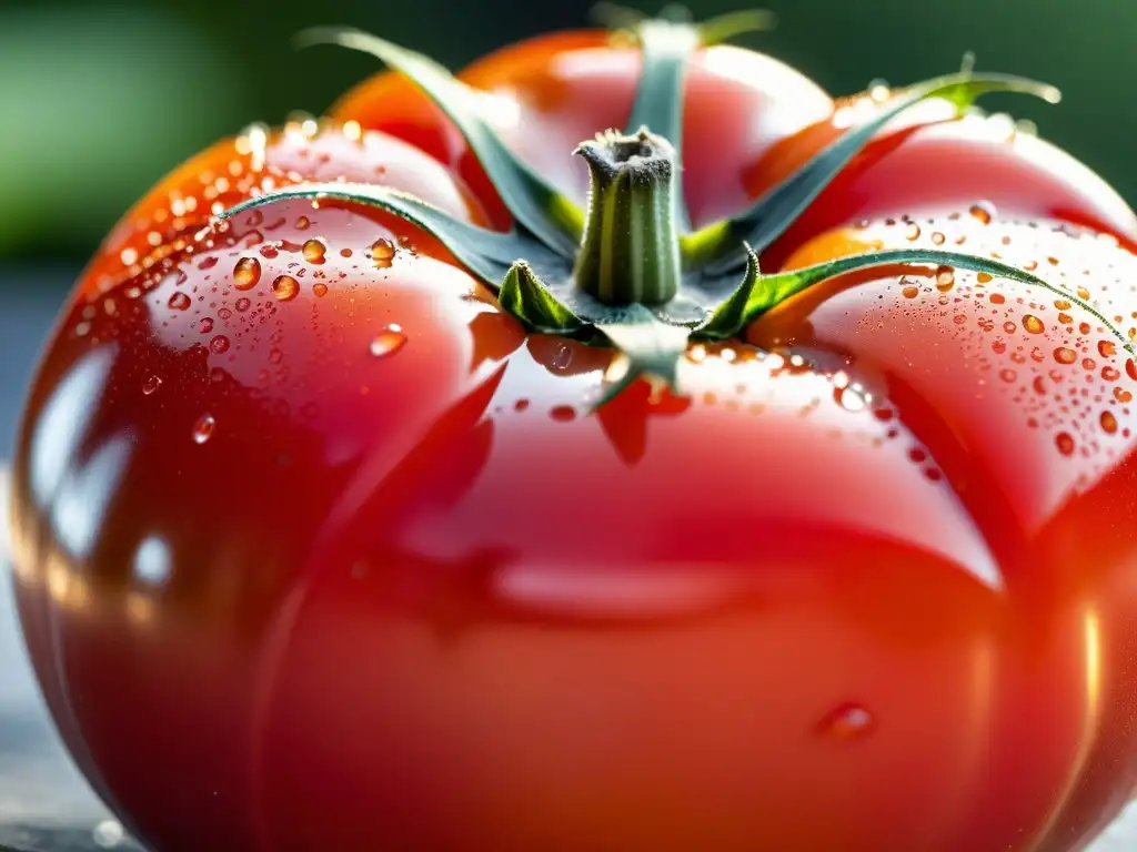 Un tomate orgánico, detallado y vibrante, con gotas de agua brillando al sol