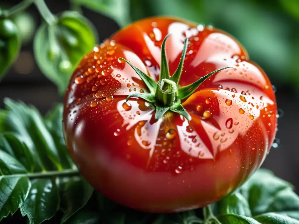 Tomate orgánico fresco, detallado y vibrante con gotas de rocío, sobre un fondo verde