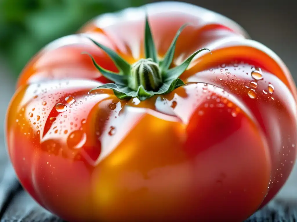 Tomate orgánico fresco con gotas de agua, reflejando su belleza natural