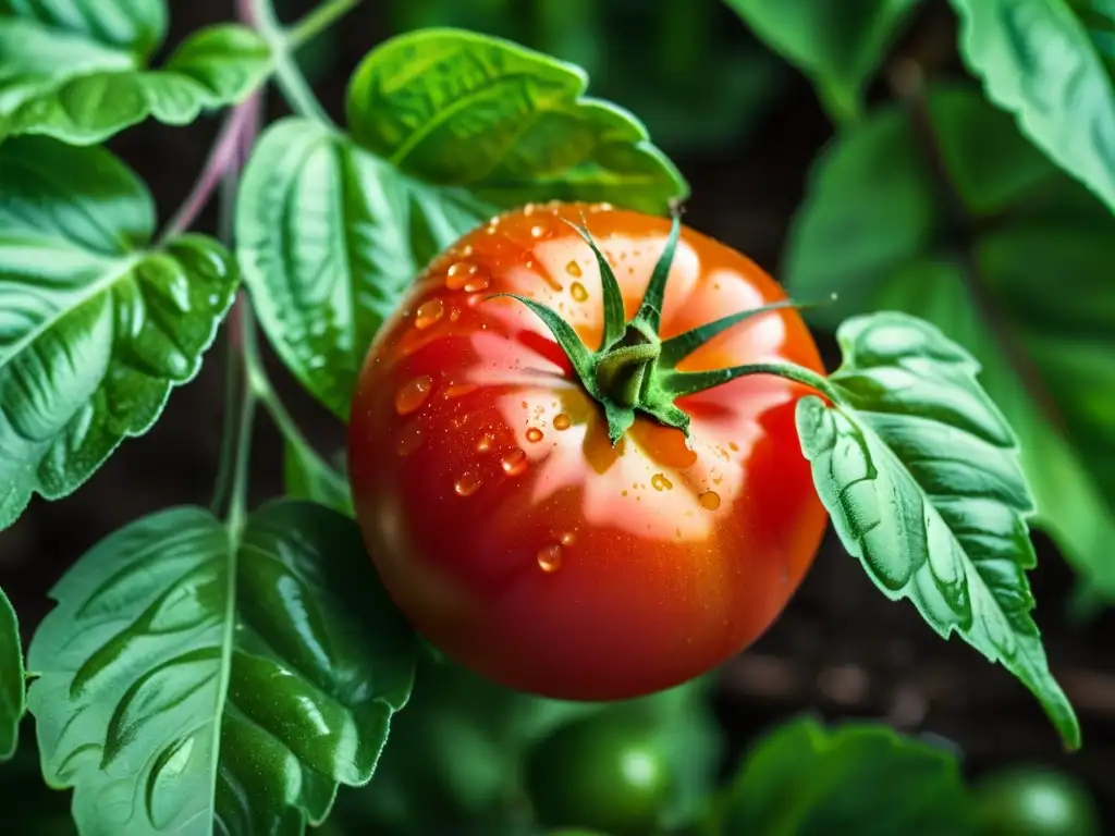 Tomate orgánico fresco sobre hojas verdes, resaltando la belleza natural