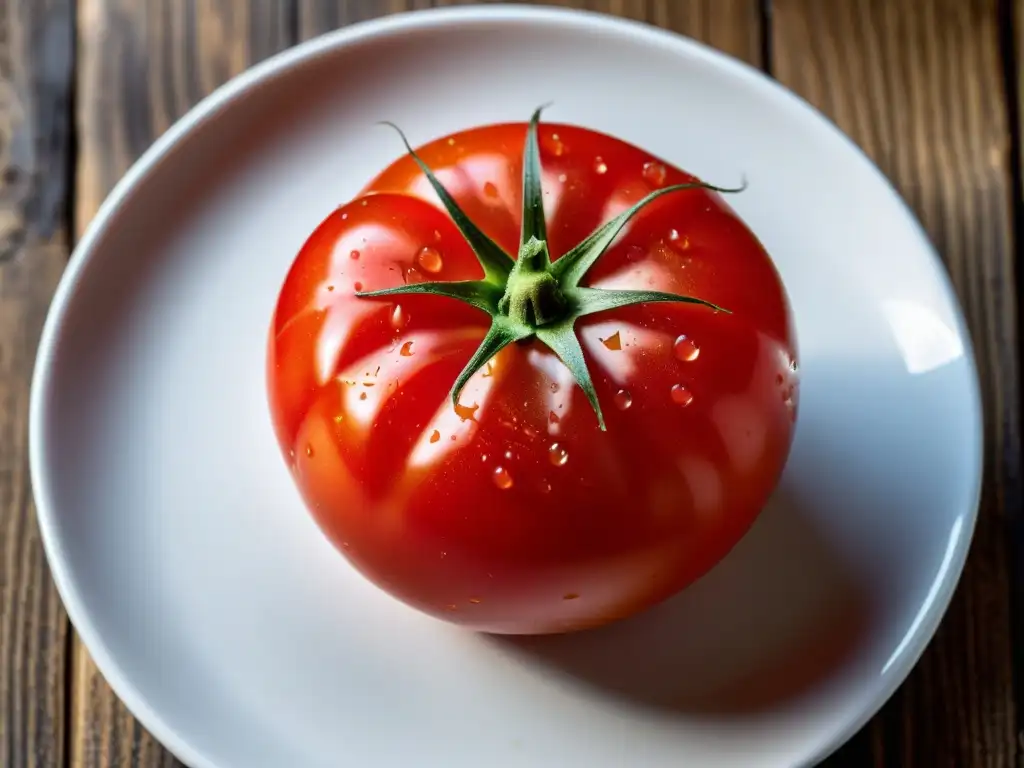 Una tomate orgánico fresco y jugoso sobre un plato blanco, resaltando la importancia de la trazabilidad de alimentos orgánicos