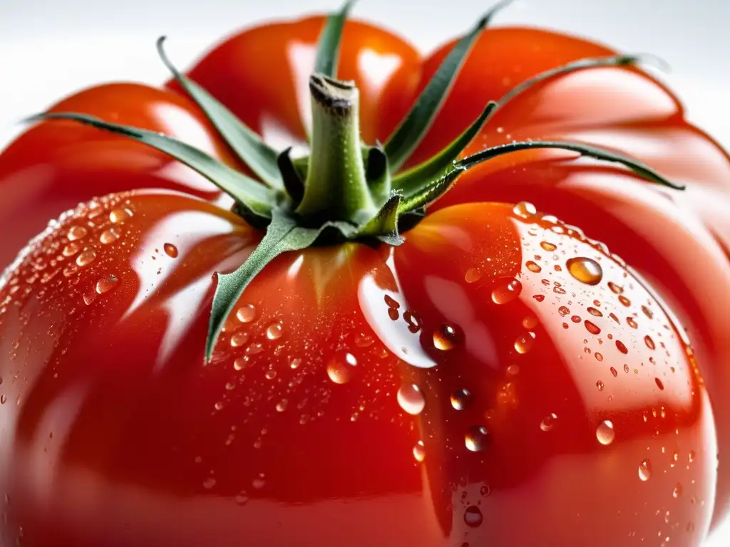 Tomate orgánico fresco, textura natural, gotas de rocío, fondo blanco