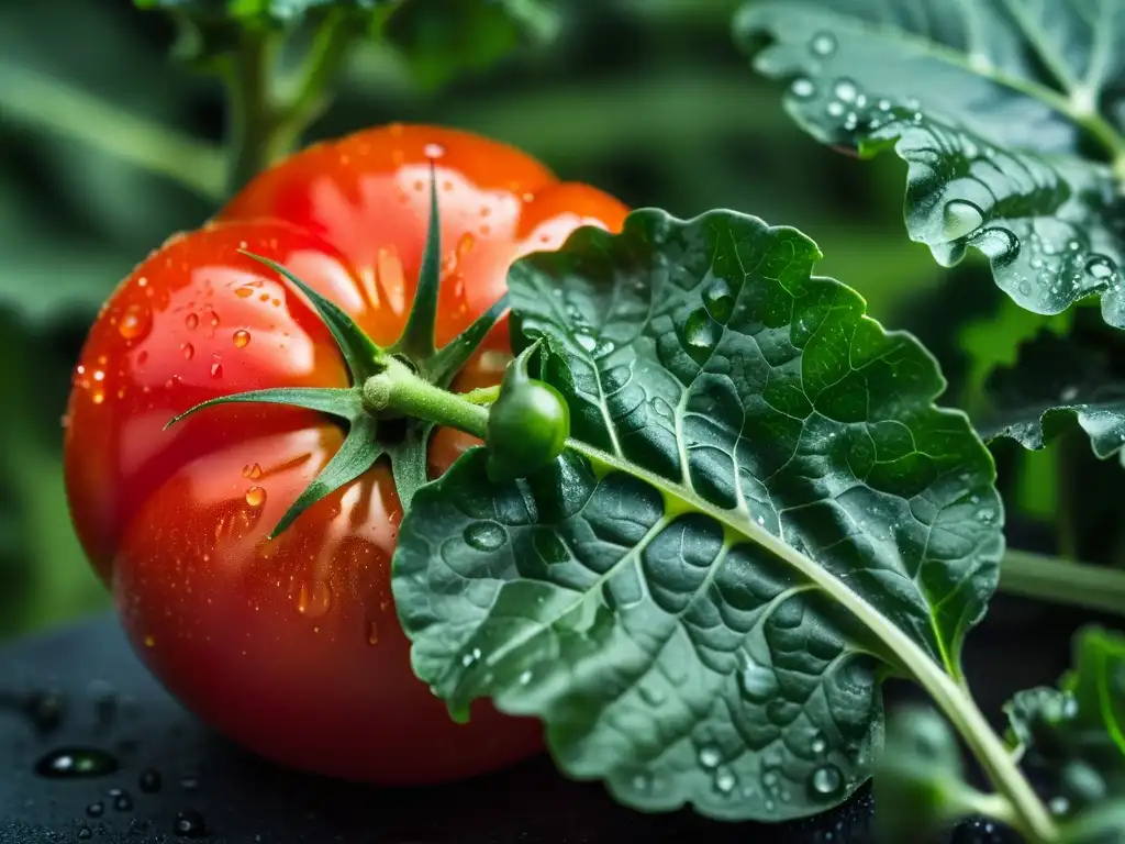 Tomate orgánico fresco sobre kale verde, reducción huella carbono en alimentos orgánicos