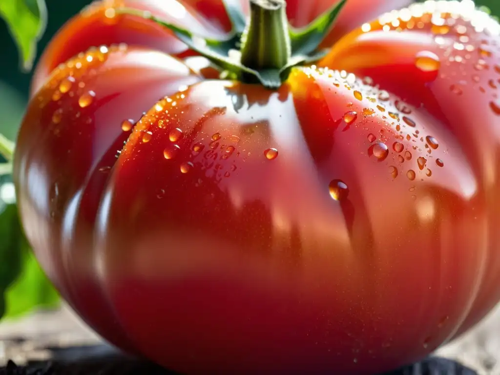 Un tomate orgánico fresco y vibrante, con gotas de rocío brillantes al sol