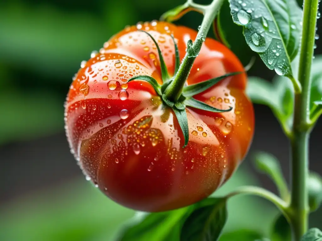 Tomate orgánico maduro y brillante con gotas de rocío, en medio de exuberante follaje