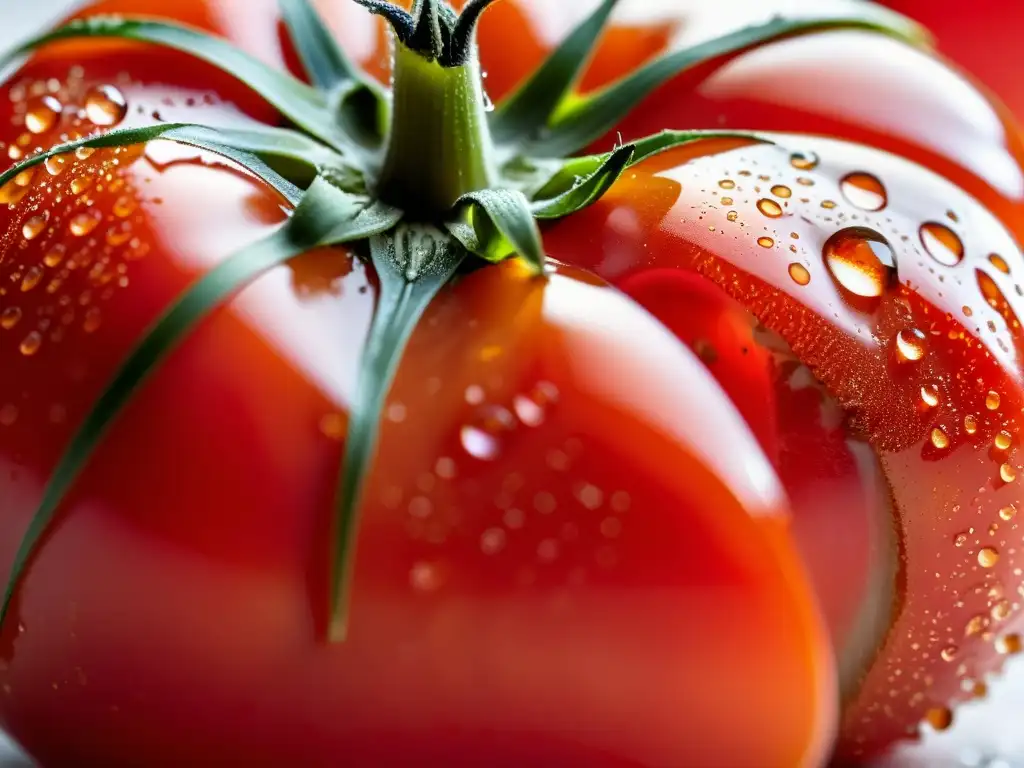 Tomate orgánico maduro, brillante y jugoso, con gotas de agua