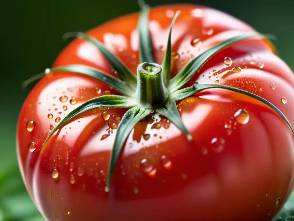 Un tomate orgánico perfectamente maduro, brillante con gotas de agua bajo una suave luz difusa