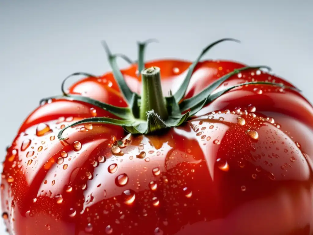 Tomate orgánico maduro con gotas de agua, sobre fondo blanco