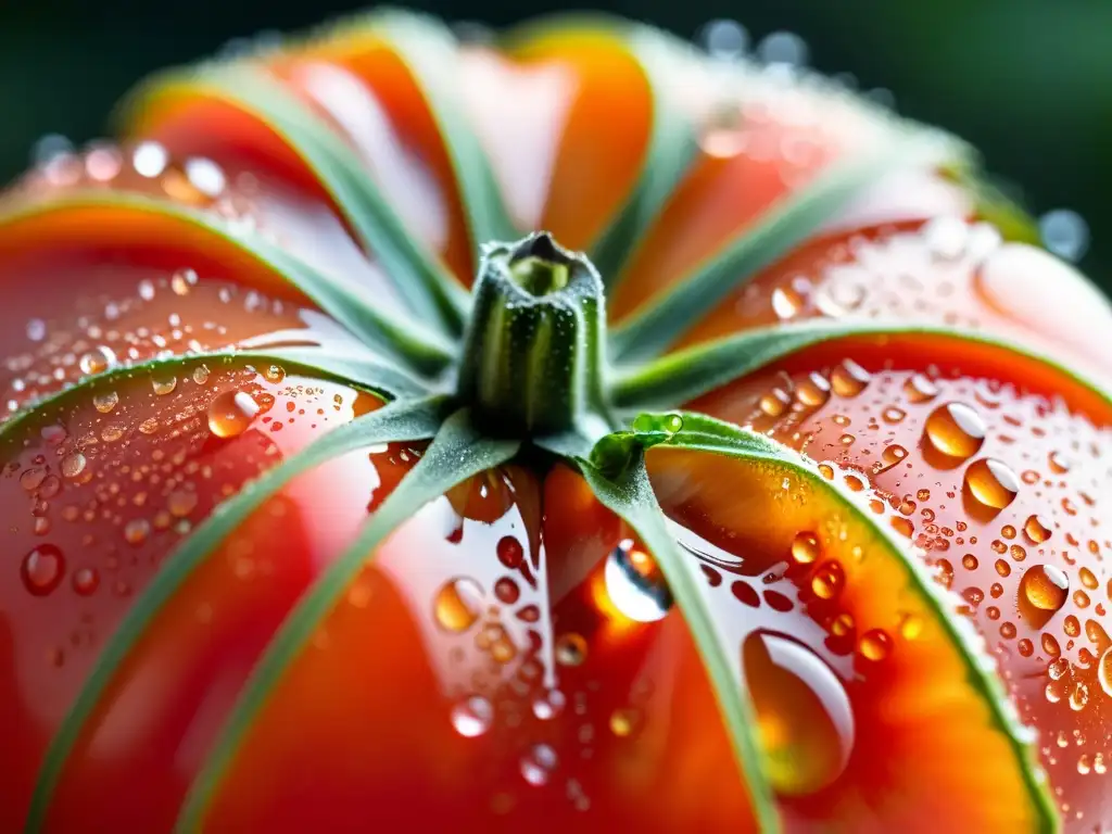 Tomate orgánico maduro con gotas de agua, reflejando frescura y sostenibilidad