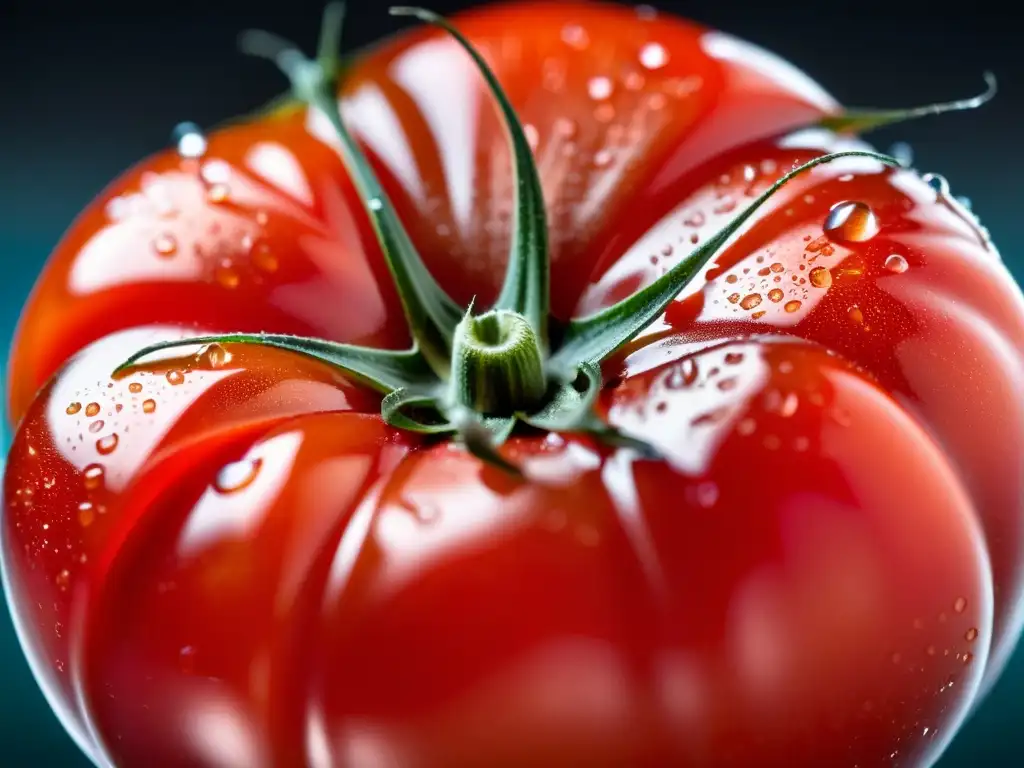 Tomate orgánico maduro con gotas de agua, iluminado suavemente