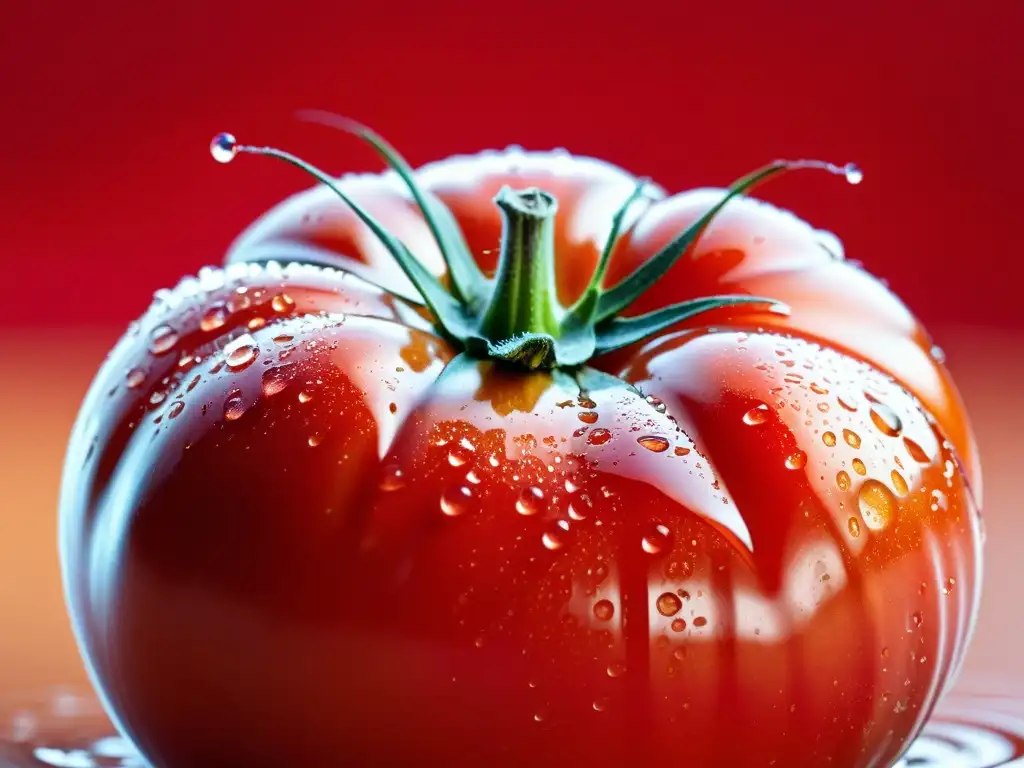 Tomate orgánico maduro con gotas de agua, muestra su textura única y detalles naturales