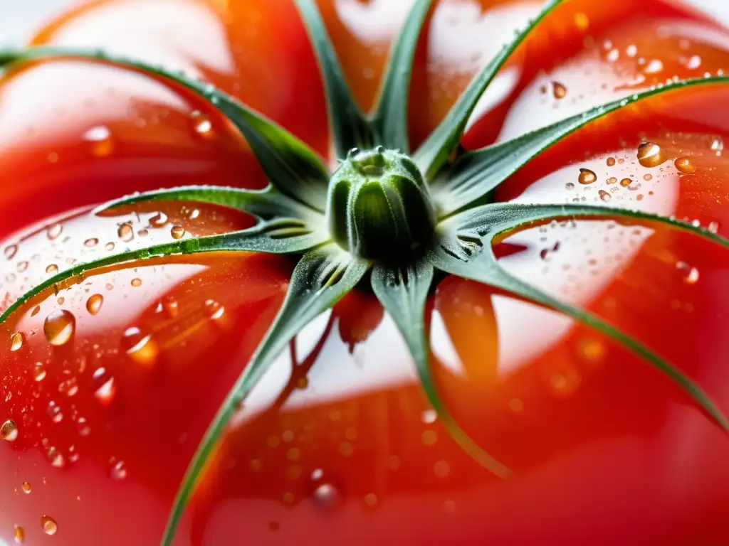 Tomate orgánico maduro con gotas de rocío, detallado y vibrante, resalta el impacto del consumo de alimentos orgánicos