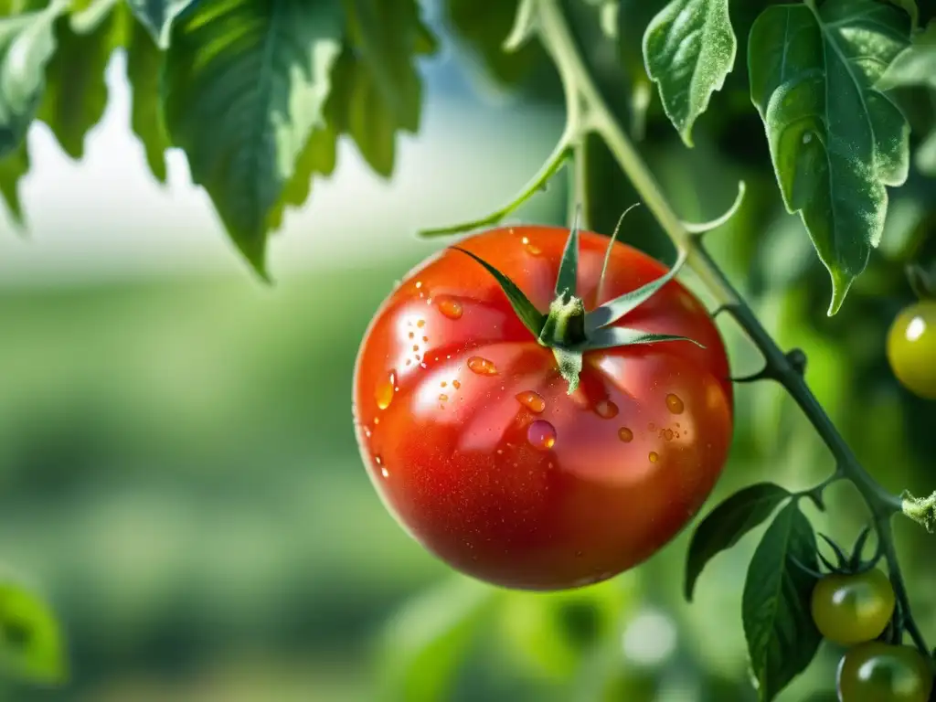 Tomate orgánico maduro con gotas de agua, en un entorno natural y sereno