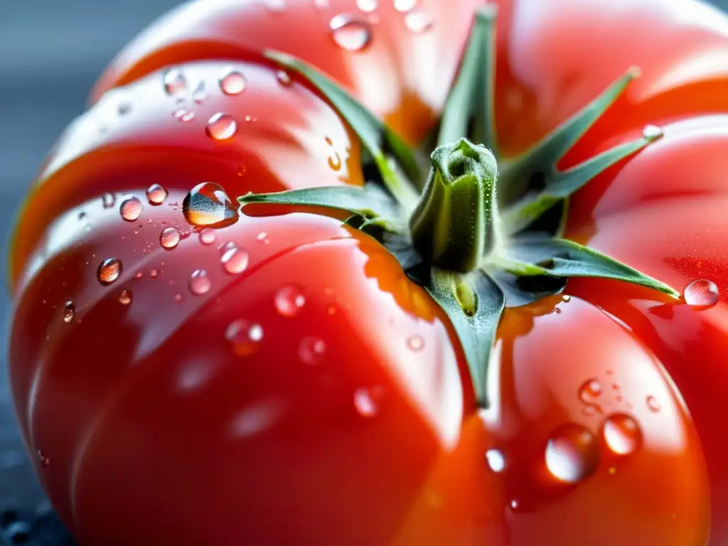 Tomate orgánico maduro con gotas de agua, resplandeciendo al sol