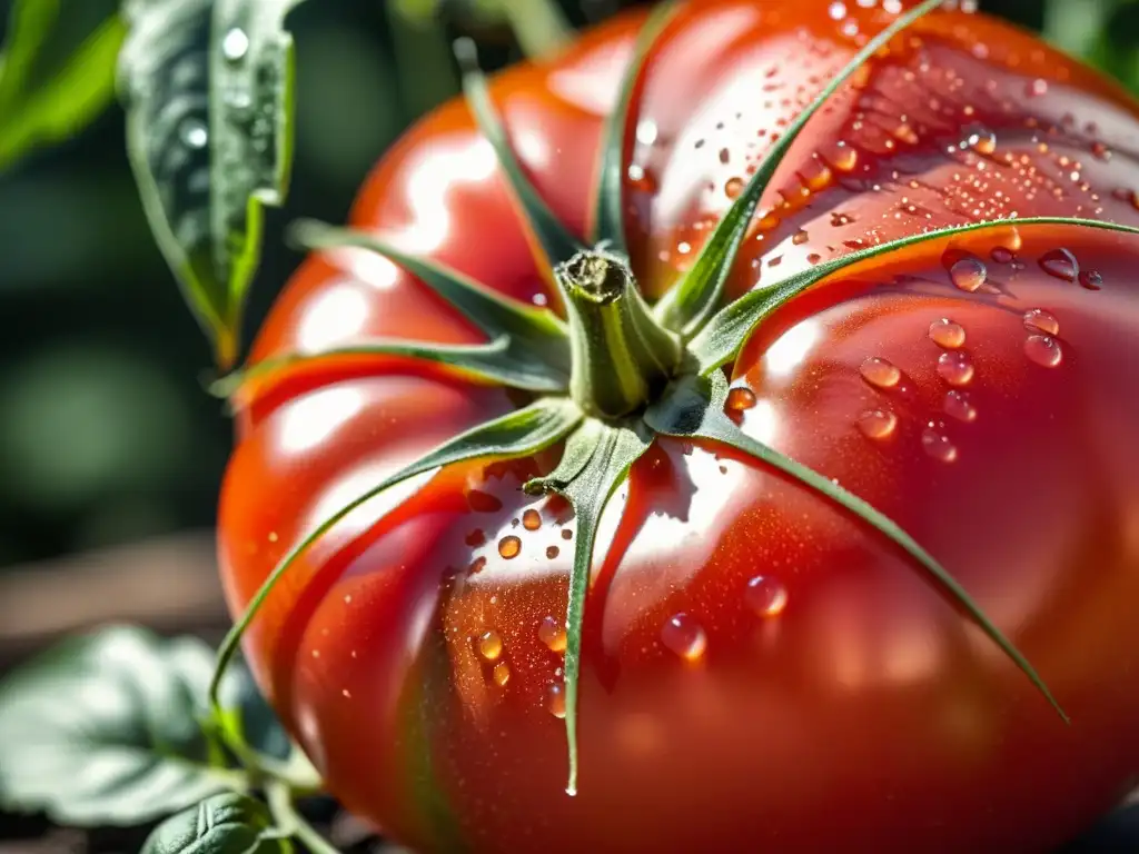 Tomate orgánico maduro con gotas de agua, iluminado por el sol entre las hojas