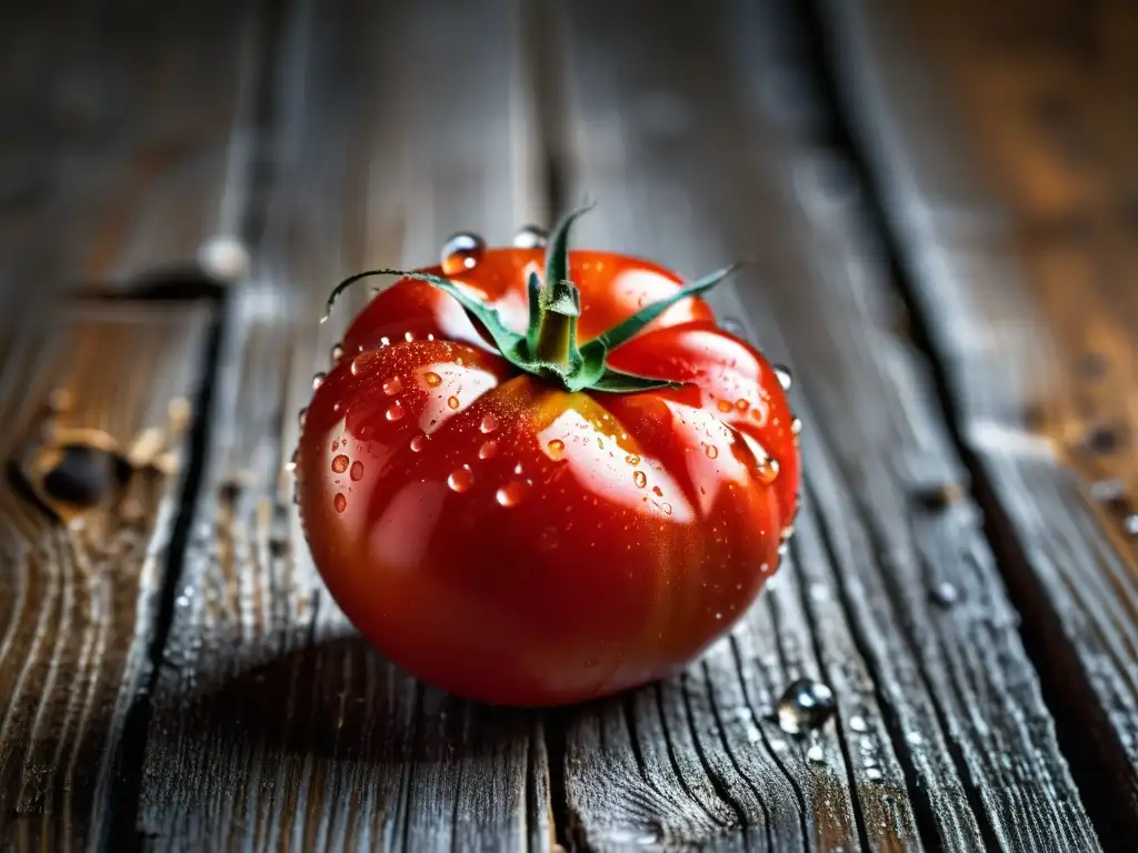 Tomate orgánico maduro con gotas de agua sobre madera envejecida