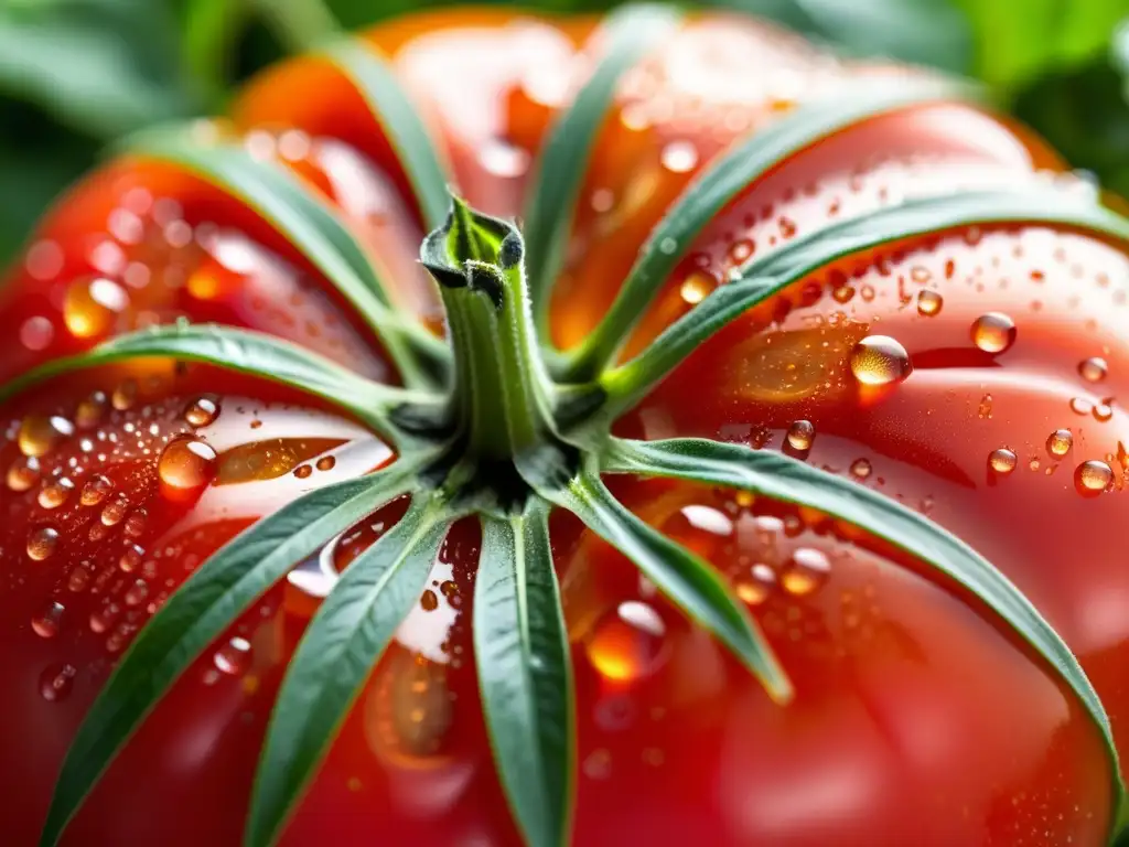 Tomate orgánico maduro con hojas de albahaca, reflejando luz solar, beneficios alimentos orgánicos reducción trastornos hormonales