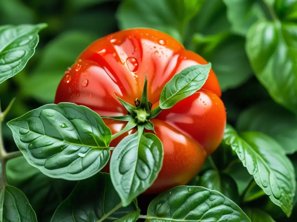 Tomate orgánico maduro sobre hojas de albahaca, destacando su belleza natural