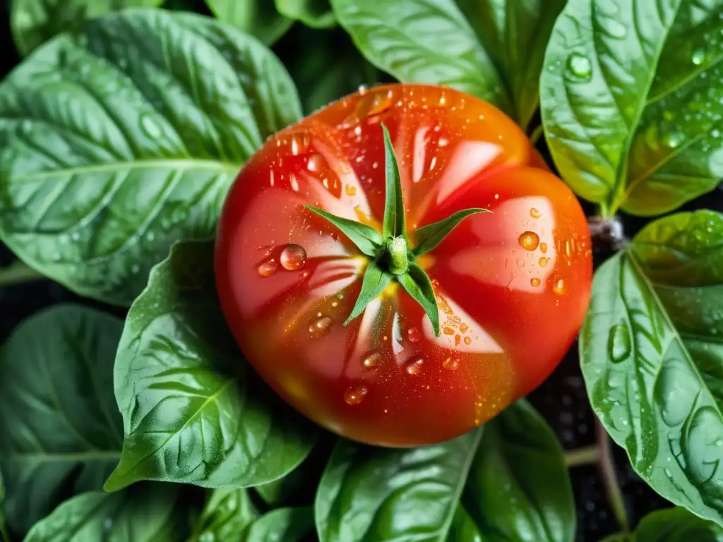 Tomate orgánico maduro sobre hojas de albahaca fresca, resaltando la belleza de productos orgánicos y diferenciándose en un mercado saturado