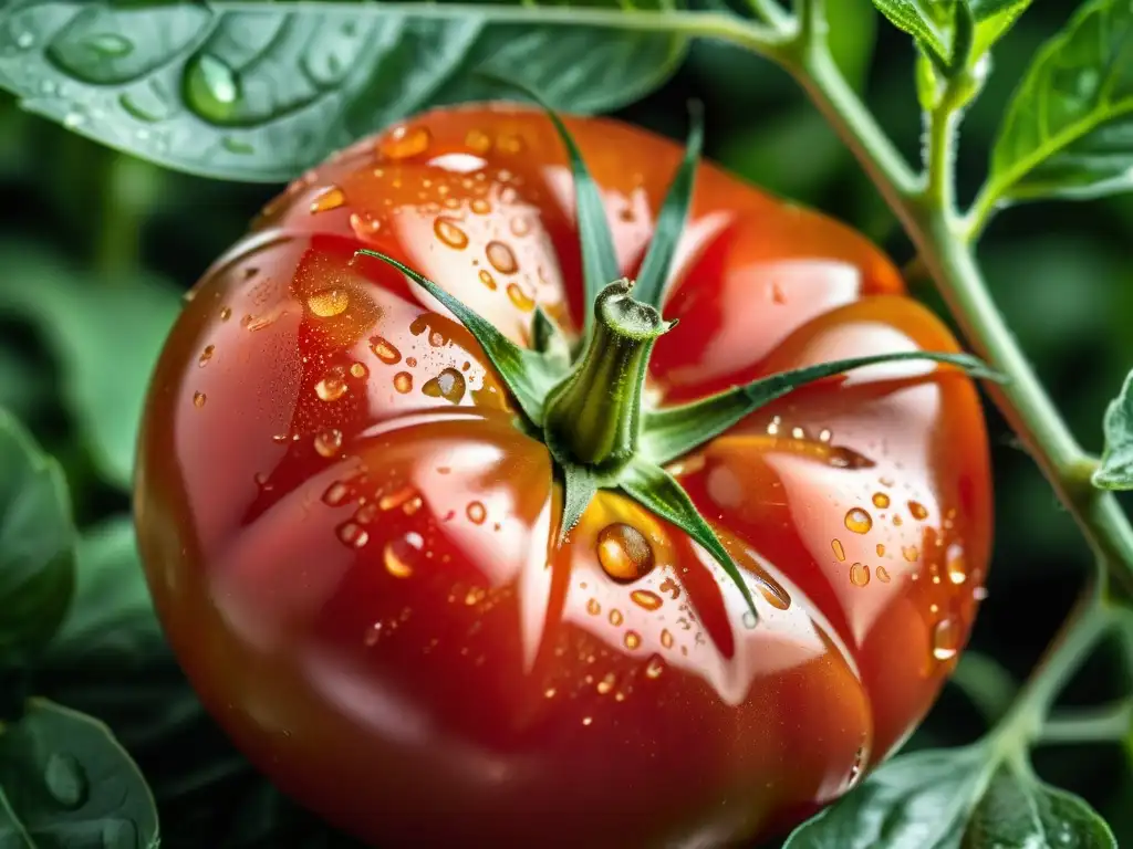 Tomate orgánico maduro sobre hojas verdes con gotas de agua, reducción riesgo enfermedades plagas alimentos orgánicos