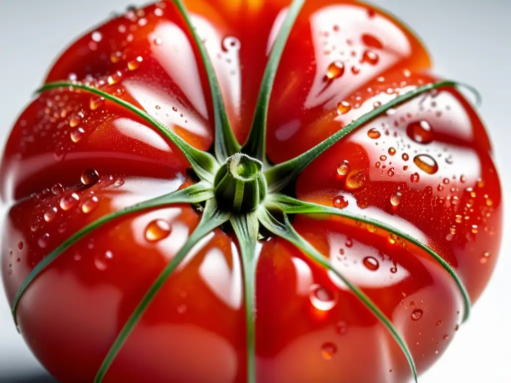 Tomate orgánico maduro, rojo vibrante, con gotas de rocío