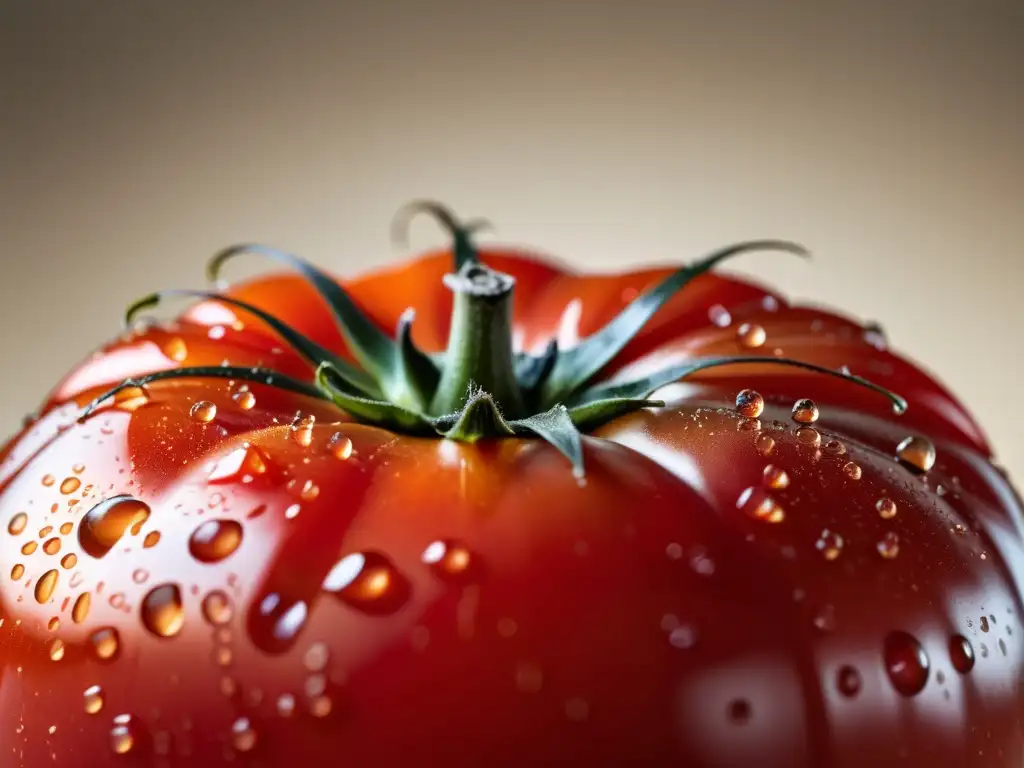 Tomate orgánico maduro suspendido con gotas de agua, iluminado y con textura detallada