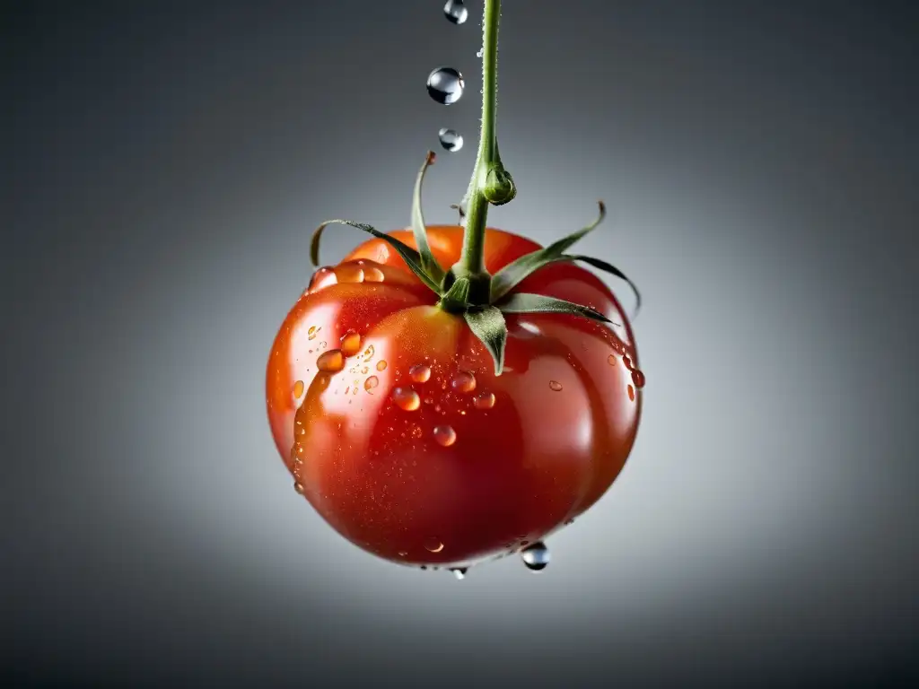 Tomate orgánico maduro suspendido en el aire, con gotas de agua sobre su piel roja