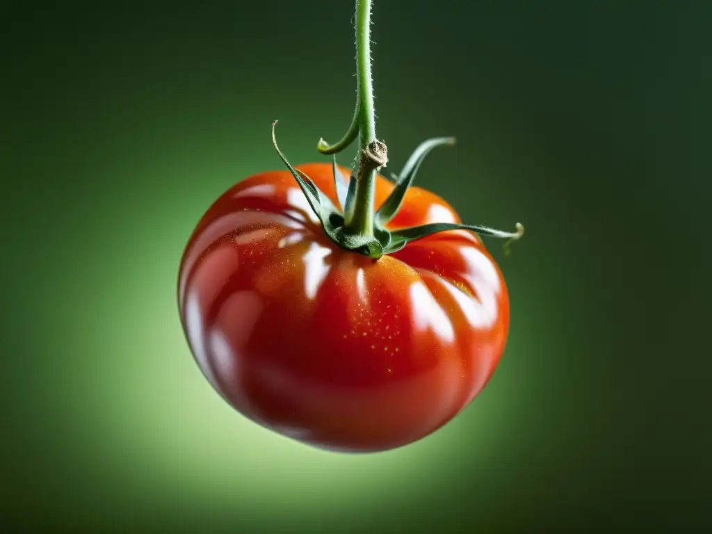 Tomate orgánico maduro suspendido en el aire con luz suave, evocando reverencia por la conservación de alimentos orgánicos