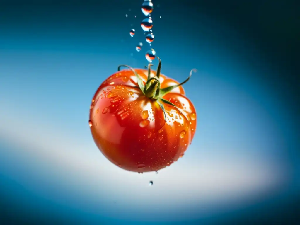 Tomate orgánico maduro suspendido en el aire con gotas de agua, iluminado por luz natural