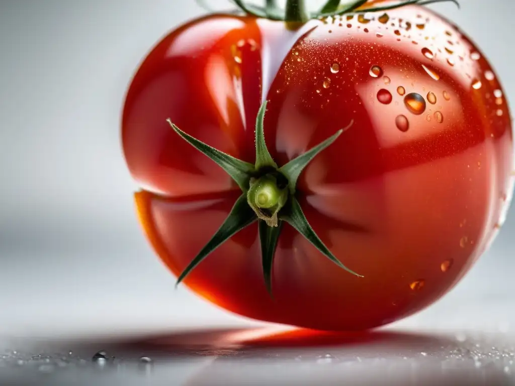 Tomate orgánico maduro suspendido en el aire, su piel roja resplandece, mostrando su textura suave y sin defectos