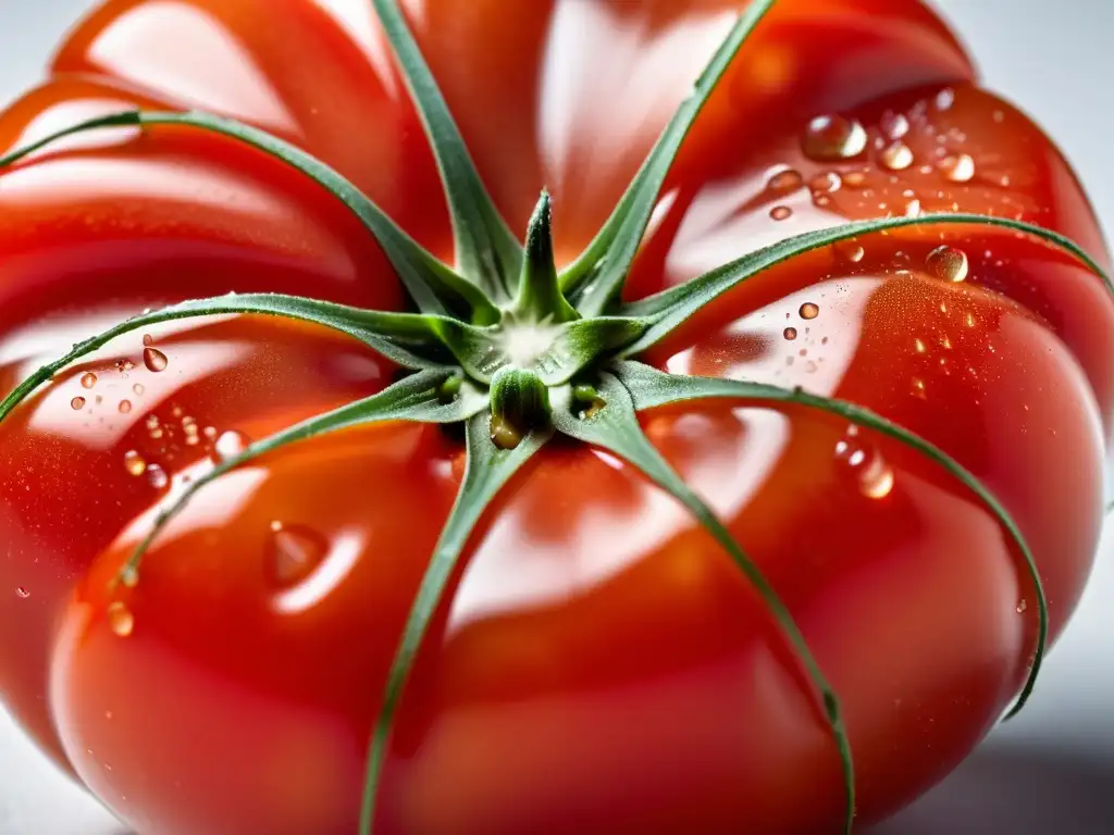 Tomate orgánico maduro y vibrante en primer plano, resaltando su textura natural