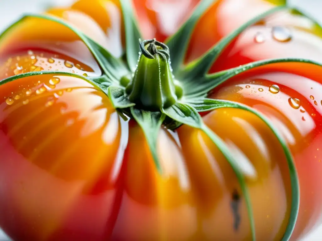 Un tomate orgánico perfectamente maduro y vibrante, con gotas de agua, en un fondo blanco