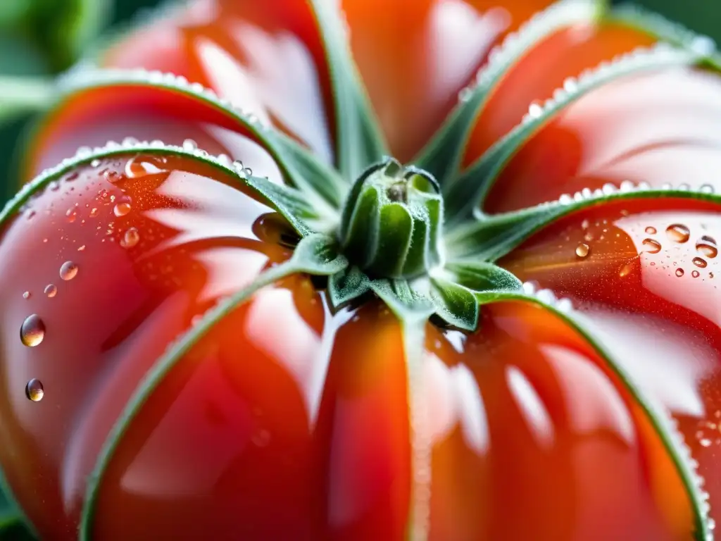 Un tomate orgánico modificado con nanotecnología, con gotas de rocío resplandecientes en su superficie, revelando un patrón hipnótico