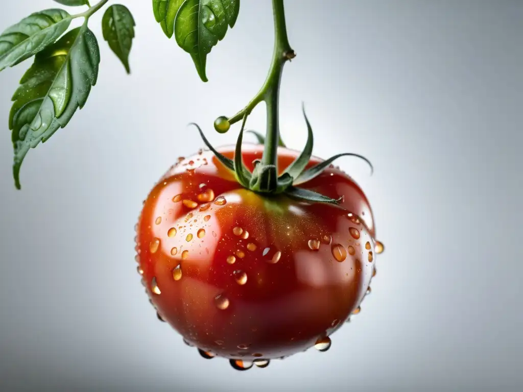 Tomate orgánico recién recogido con gotas de agua, destacando su color rojo intenso y texturas delicadas