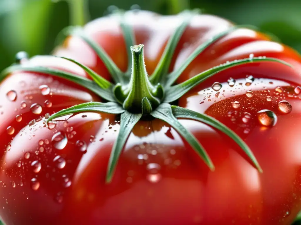 Tomate orgánico recién recolectado, vibrante y fresco, con gotas de rocío bajo la suave luz matutina, evocando pureza y frescura natural