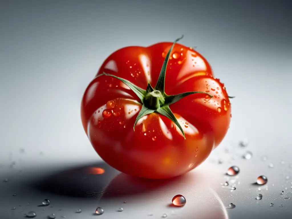 Tomate orgánico rojo brillante con gotas de agua, sobre fondo blanco